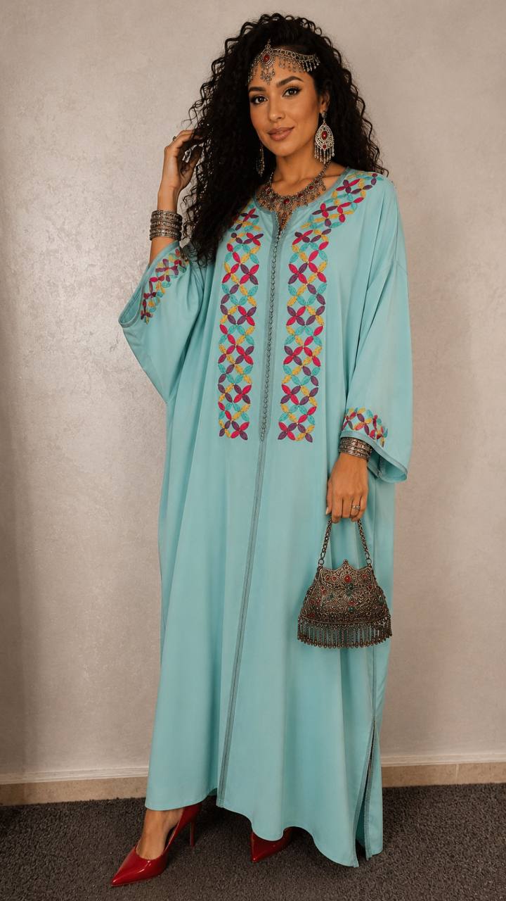 Caftan marocain turquoise brodé multicolore fait main