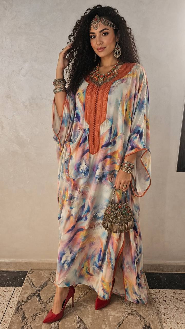 Kaftan marocain imprimé aquarelle broderie terracotta