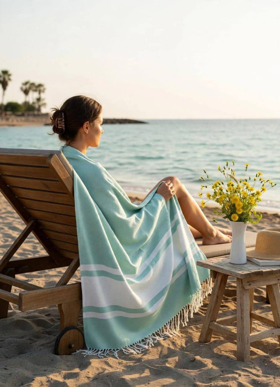 Fouta hammam rayée à franges – vert menthe et blanc