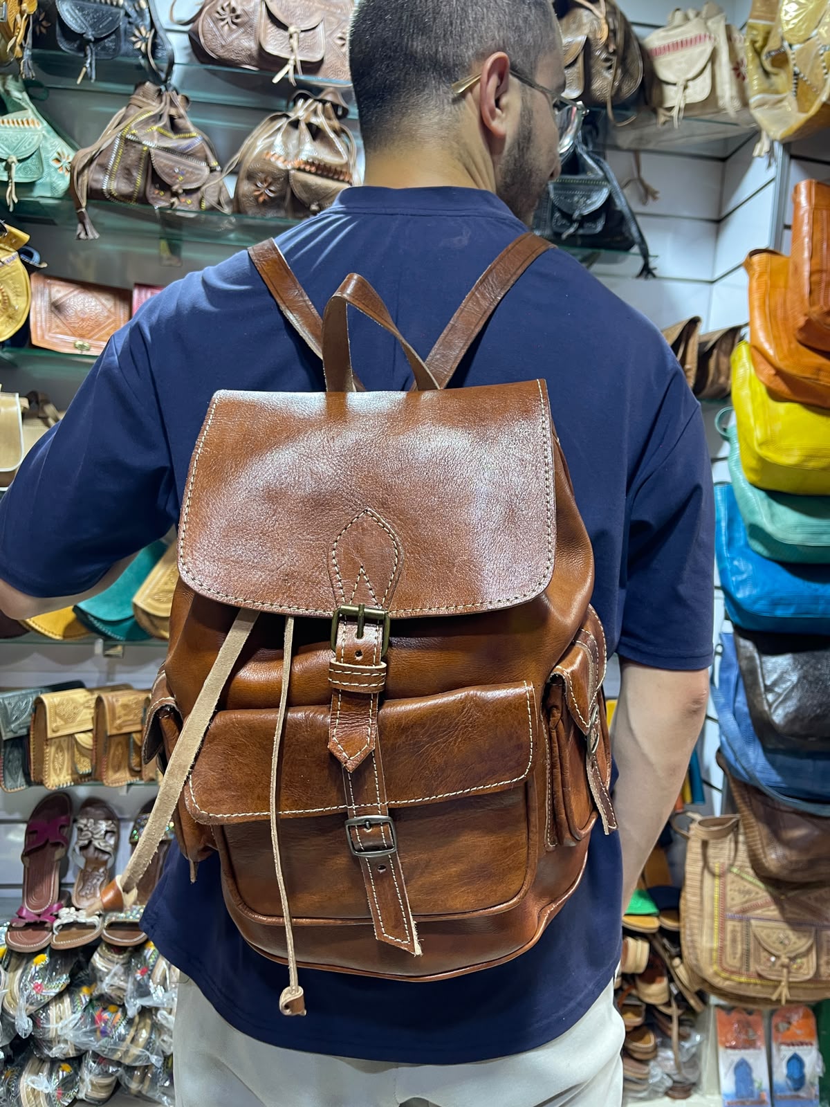 Sac à dos artisanal en cuir véritable marron cognac