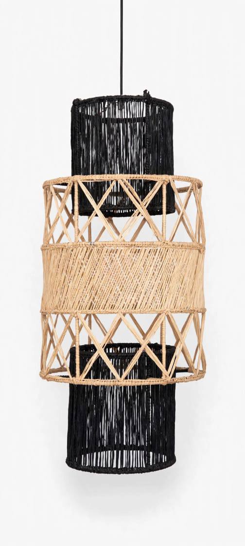 Suspension artisanale rotin et corde noire bicolore