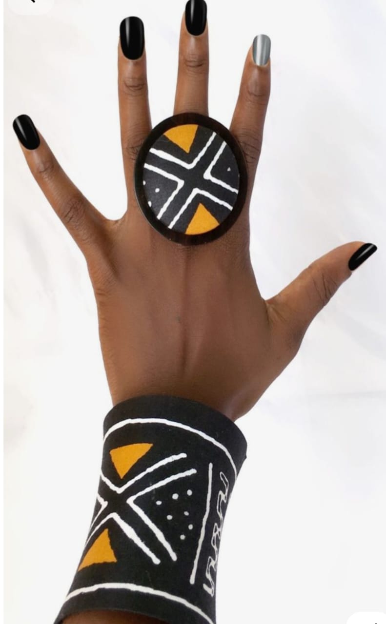 Parure africaine bogolan bague et bracelet motifs géométriques