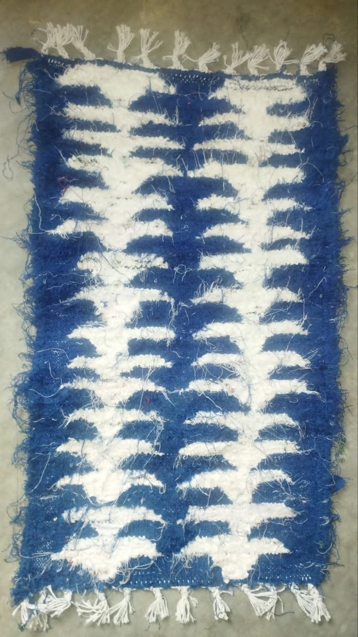 Tapis artisanal tissé bleu et blanc à franges