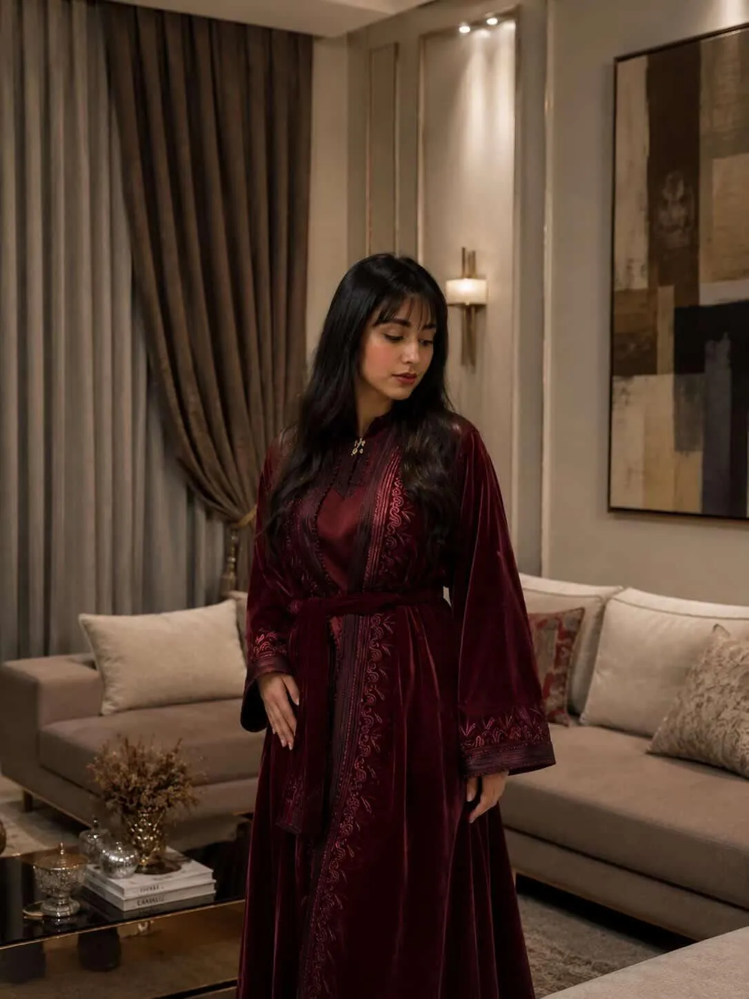 Javador Caftan en velours bordeaux