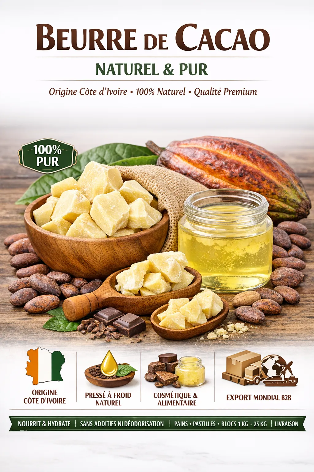 Beurre de cacao naturel pur pressé à froid